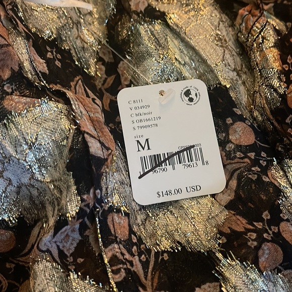 New Free People Woven Boho Top Button Shirt BlouseGold Accents Long Sl S Floral - Picture 5 of 7